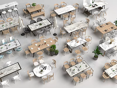 Various Modern Table And Chair Sets With Marble Wooden Tops And Decorative Plants 3d model