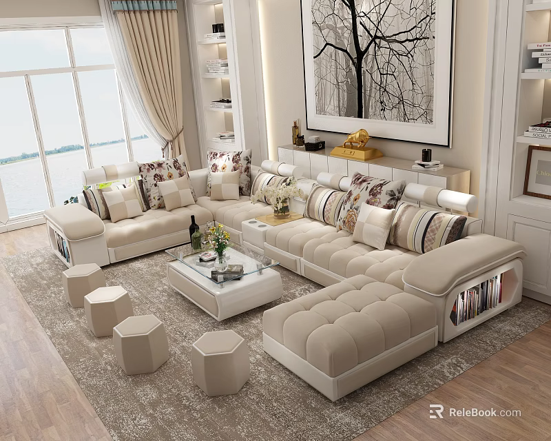 Elegant Modern Living Room With Beige Sofa White Coffee Table Decorative Cushions And Rug 3d model 