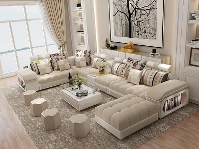 Elegant Modern Living Room With Beige Sofa White Coffee Table Decorative Cushions And Rug 3d model