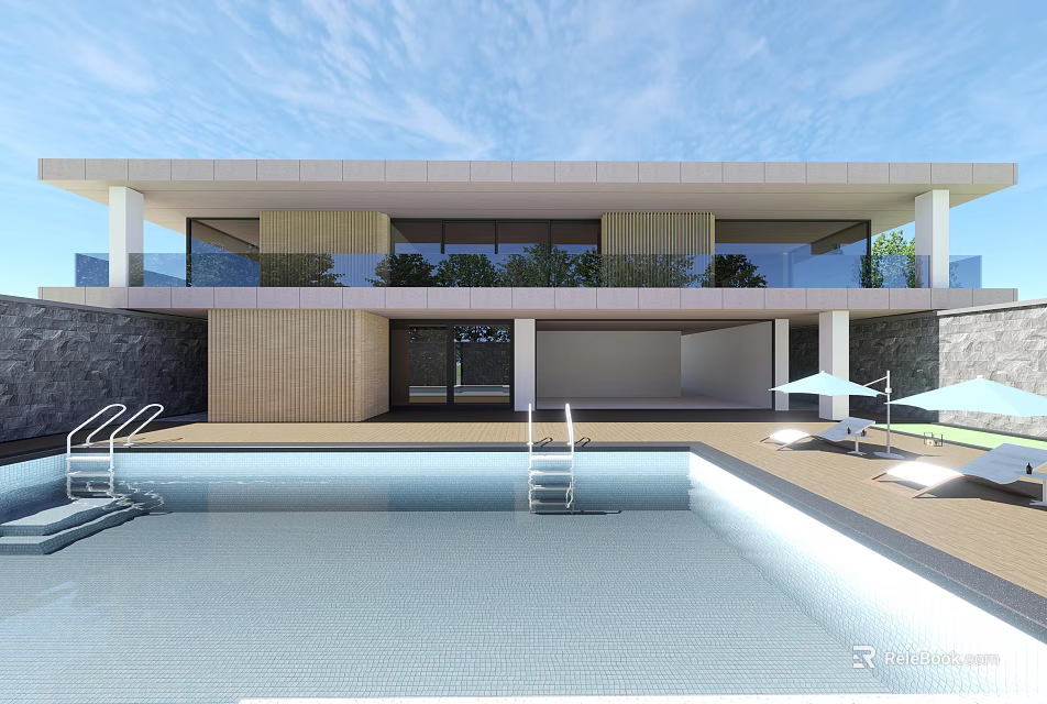 Modern Detached Villa Featuring Swimming Pool Lounge Chairs Umbrellas Glass Windows And Wooden Facade 3d model 