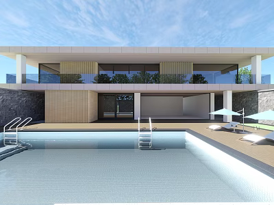 Modern Detached Villa Featuring Swimming Pool Lounge Chairs Umbrellas Glass Windows And Wooden Facade 3d model