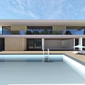 Modern Detached Villa Featuring Swimming Pool Lounge Chairs Umbrellas Glass Windows And Wooden Facade