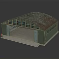 Green Industrial Building Structure With Arched Rusted Roof And Large Windows Supporting Columns