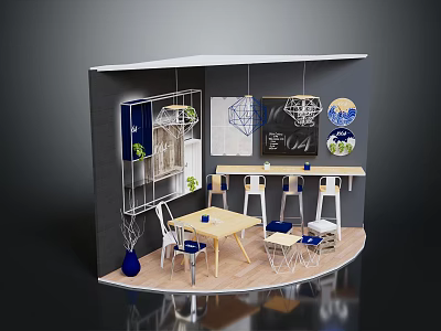 Modern Exhibition Booth Interior with Hanging Lights Wall Decor Display Shelves and Table Chairs 3d model