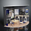 Modern Exhibition Booth Interior with Hanging Lights Wall Decor Display Shelves and Table Chairs
