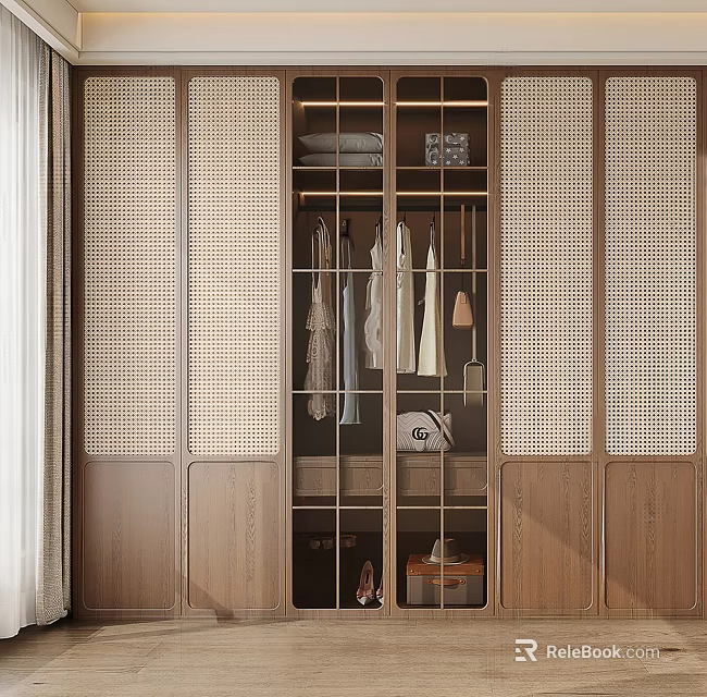Modern Wooden Wardrobe Interior With Lattice Doors Hanging Clothes And Storage Boxes 3d model 