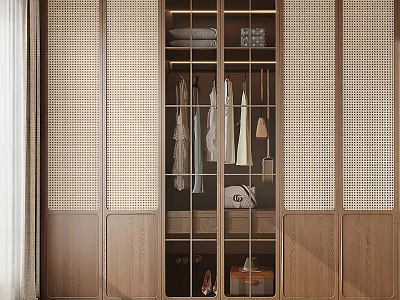 Modern Wooden Wardrobe Interior With Lattice Doors Hanging Clothes And Storage Boxes 3d model