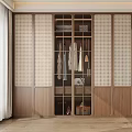 Modern Wooden Wardrobe Interior With Lattice Doors Hanging Clothes And Storage Boxes