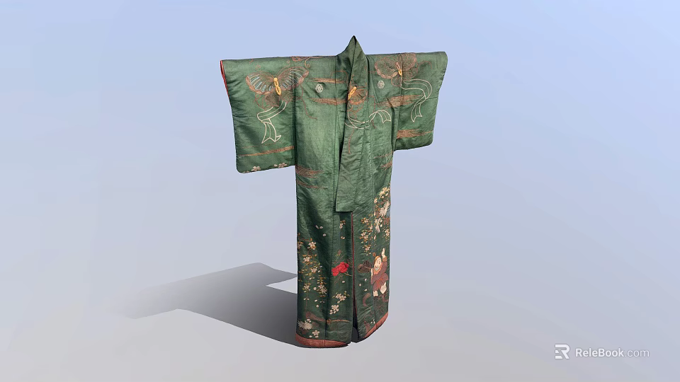 Traditional Green Robe with Intricate Floral and Bird Embroidery on Silk 3d model 