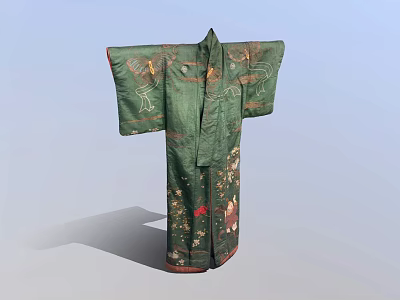 Traditional Green Robe with Intricate Floral and Bird Embroidery on Silk 3d model