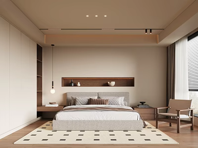 Modern Minimalist Bedroom Interior With Platform Bed Built in Wardrobe Patterned Rug And Accent Chair 3d model