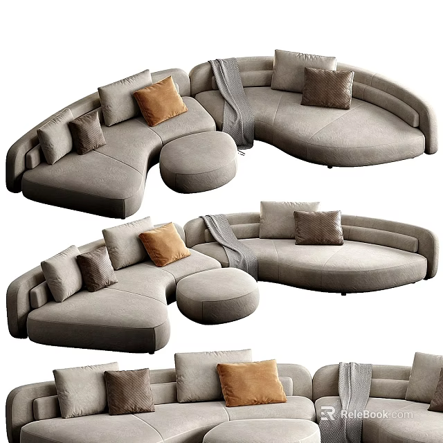 Light Gray Sectional Sofa With Decorative Pillows Ottoman And Throw Blanket 3d model 