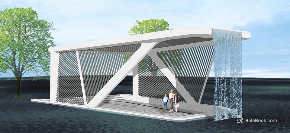 Modern Architectural Structure With White Roof Striped Walls Waterfall And Family Standing On Platform 3d model 