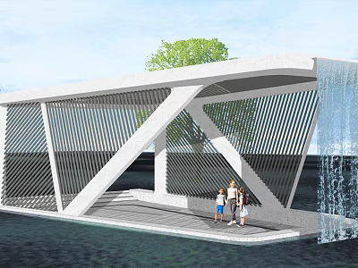 Modern Architectural Structure With White Roof Striped Walls Waterfall And Family Standing On Platform 3d model