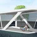 Modern Architectural Structure With White Roof Striped Walls Waterfall And Family Standing On Platform
