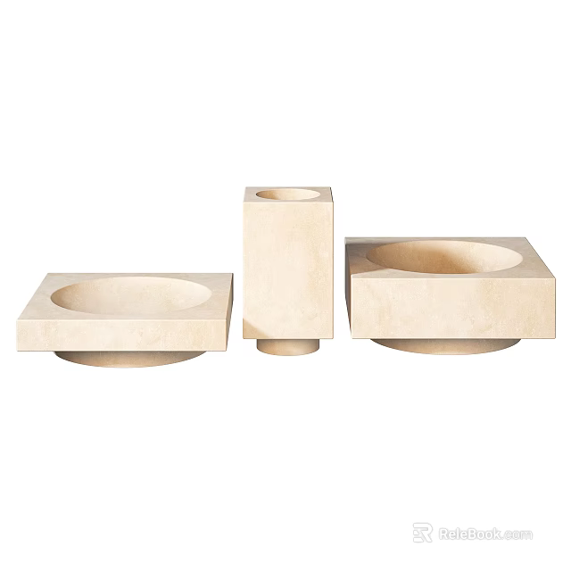 Modern Beige Stone Decorative Ornament Set with Square Bowl and Column Shapes 3d model 