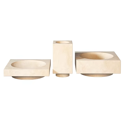 Modern Beige Stone Decorative Ornament Set with Square Bowl and Column Shapes 3d model