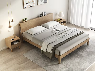 Modern Wooden Double Bed with Headboard Pillows Striped Blanket Nightstands Lamps Geometric Wall Art 3d model