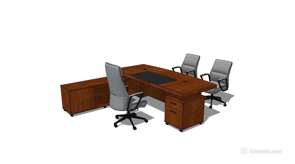Wooden Executive Office Desk with Drawers and Black Surface and Three Gray Rolling Office Chairs 3d model 