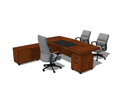 Wooden Executive Office Desk with Drawers and Black Surface and Three Gray Rolling Office Chairs 3d model