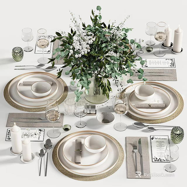 Elegant Dinnerware Set With Gold Rimmed Plates Glassware Linen Napkins And Floral Centerpiece 3d model 