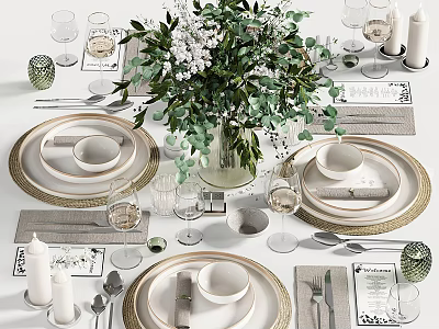 Elegant Dinnerware Set With Gold Rimmed Plates Glassware Linen Napkins And Floral Centerpiece 3d model