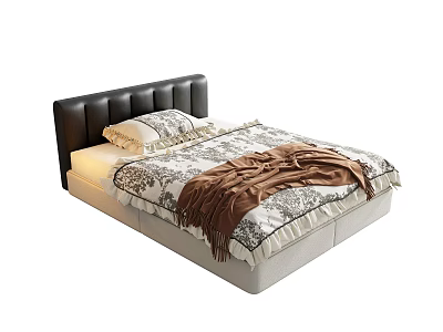 Single Bed With Black Headboard Floral Bedspread And Brown Throw Blanket 3d model