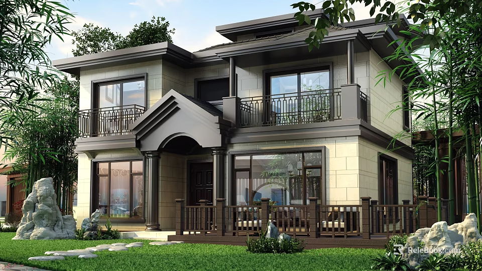 Two Story Single Family House Exterior With Brown Beige Facade Balcony Railing And Green Lawn 3d model 