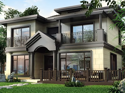 Two Story Single Family House Exterior With Brown Beige Facade Balcony Railing And Green Lawn 3d model