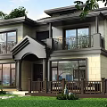 Two Story Single Family House Exterior With Brown Beige Facade Balcony Railing And Green Lawn