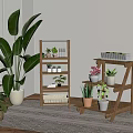 Indoor Wooden Multi Tiered Flower Stand Placed Near Window with Green Plants and Small Potted Plants