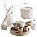 Minimalist Ceramic Tea Set With Teapot Cups Lidded Jar Wooden Tray Vase And Dried Branches