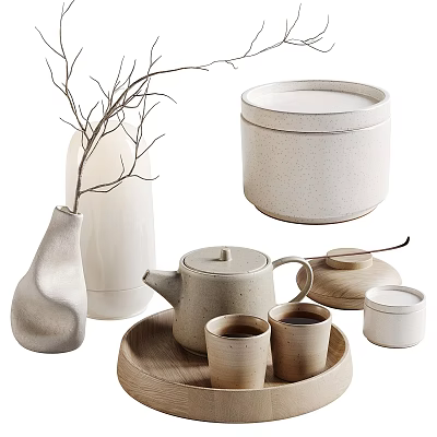 Minimalist Ceramic Tea Set With Teapot Cups Lidded Jar Wooden Tray Vase And Dried Branches 3d model