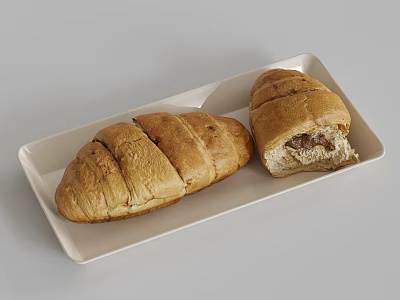 Bitten Croissants With Delicious Filling Served On White Rectangular Plate 3d model