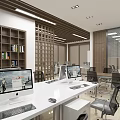 Modern Public Office Space with Desks Computers Bookshelves Open Layout and Bright Lighting 3d model