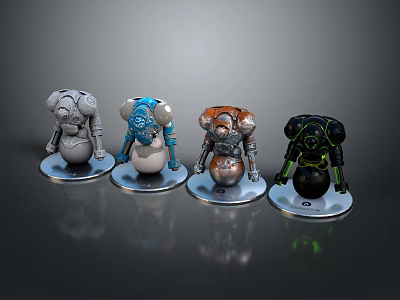 Four Colorful Robot Character Models With Diverse Designs On Circular Bases 3d model