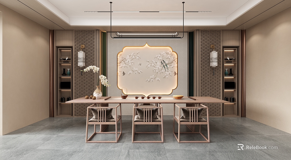 Elegant Chinese Tea Room Interior With Long Table Plum Blossom Decor And Wooden Chairs 3d model 