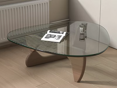 Modern Glass Top Coffee Table with Curved Wooden Frame and Magazine on Wooden Floor 3d model