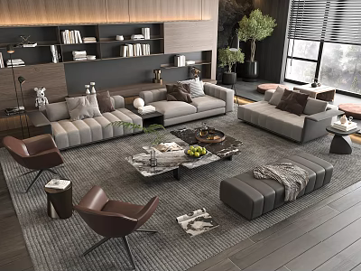 Modern Sofa And Coffee Table Set With Gray Seating Decorative Items Chairs And Green Plant 3d model