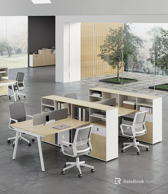 Modern Public Office Space With Partitioned Workstations Office Chairs Computer Monitors And Greenery 3d model 