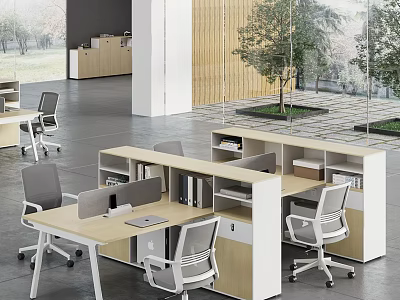Modern Public Office Space With Partitioned Workstations Office Chairs Computer Monitors And Greenery 3d model