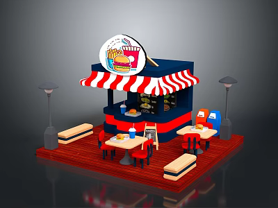 Colorful Food Stall Setup With Red White Striped Awning Tables Chairs Street Lamps And Benches 3d model