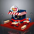 Colorful Food Stall Setup With Red White Striped Awning Tables Chairs Street Lamps And Benches