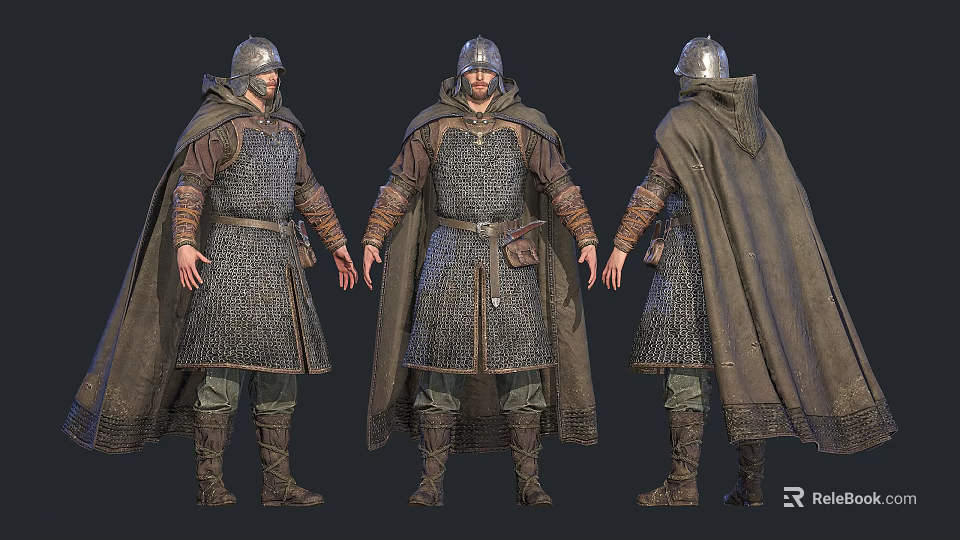 Medieval Man in Chainmail Armor and Cloak Three Angles Front Side Back Views 3d model 