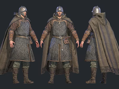 Medieval Man in Chainmail Armor and Cloak Three Angles Front Side Back Views 3d model