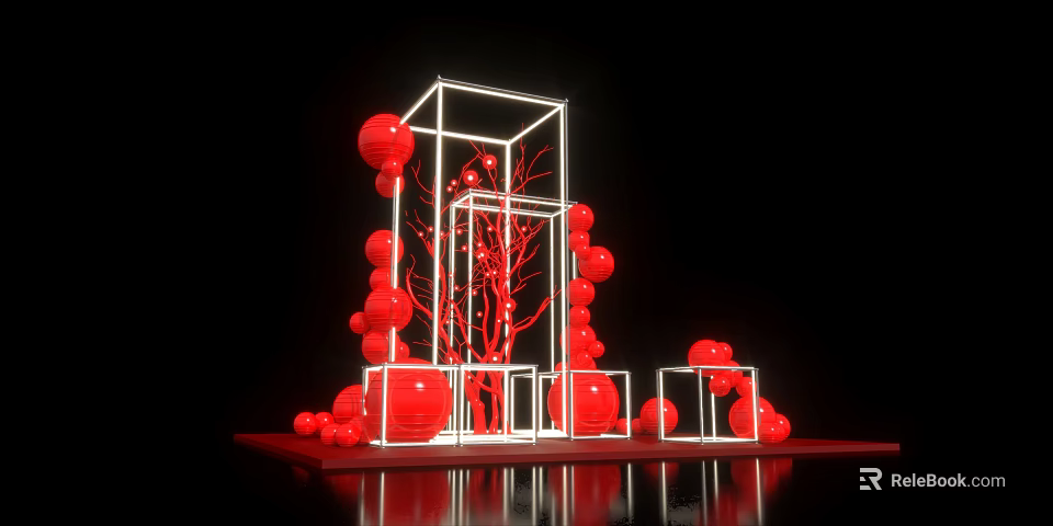 Art Installation with Red Spherical Decorations White Frame Structures and Black Reflective Surface 3d model