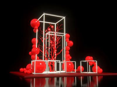 Art Installation with Red Spherical Decorations White Frame Structures and Black Reflective Surface 3d model