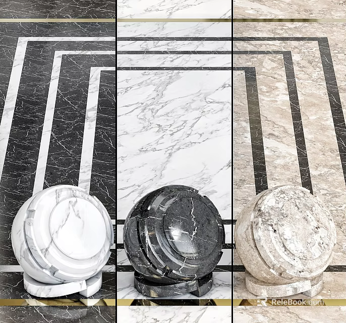 Marble Texture Floor Tiles With Geometric Black White Beige Pattern Design 3d model 