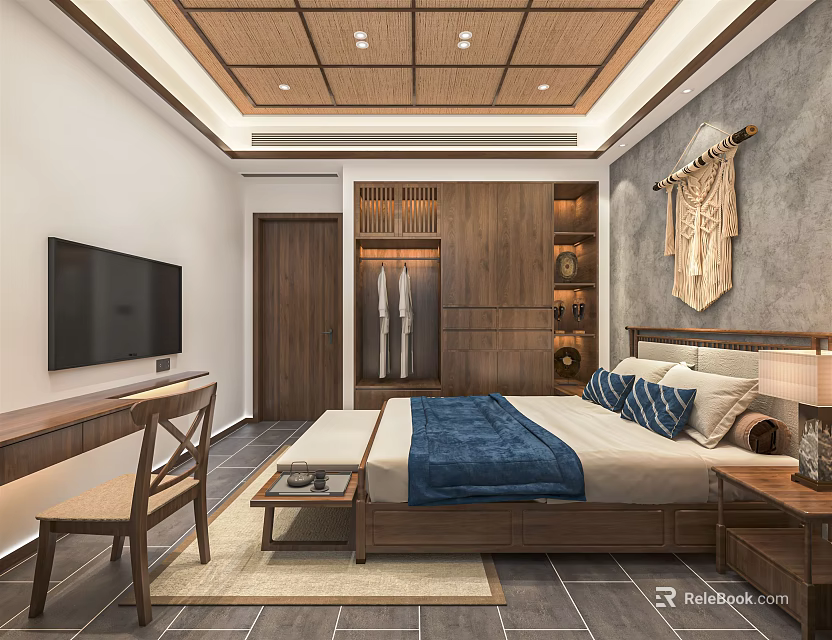 Chinese Style Hotel Guest Room With Wooden Furniture TV Writing Desk And Decorative Wall Art 3d model 