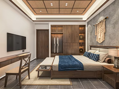 Chinese Style Hotel Guest Room With Wooden Furniture TV Writing Desk And Decorative Wall Art 3d model